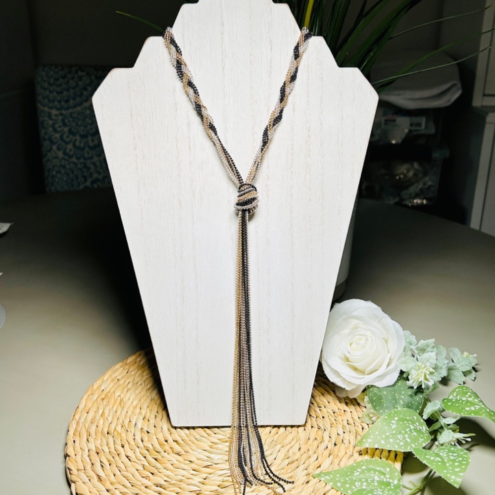 Brilliant Braided Tri-Color Ball Chain Y Tassel Necklace
